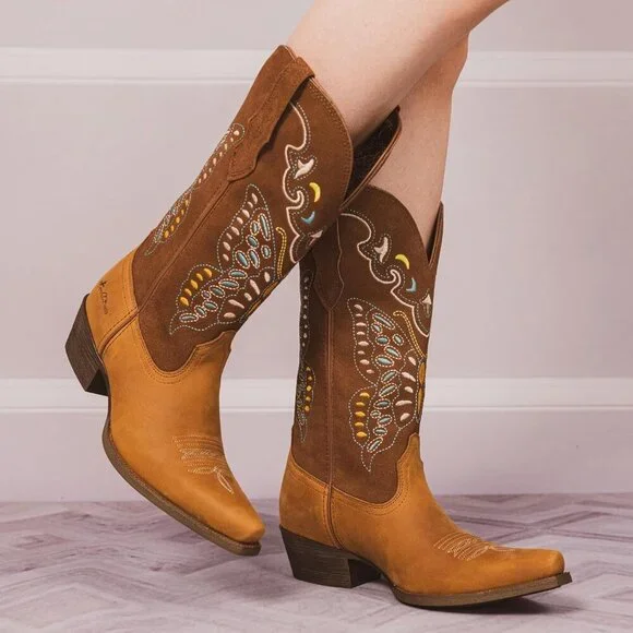 Women's Brown 1 Western Mid Calf Embroidered Cowgirl Country Full Leather Boots - Picture 2 of 9